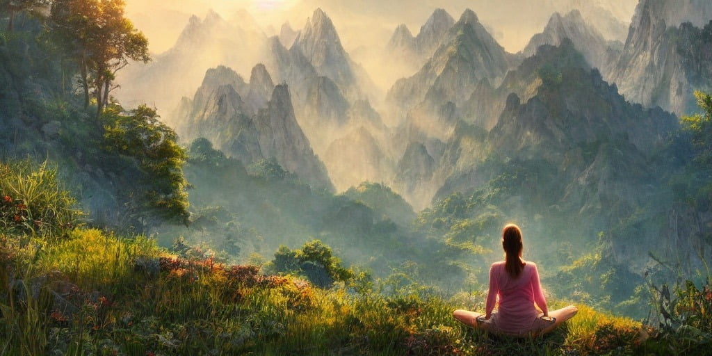 someone sitting in meditation with mountain view
