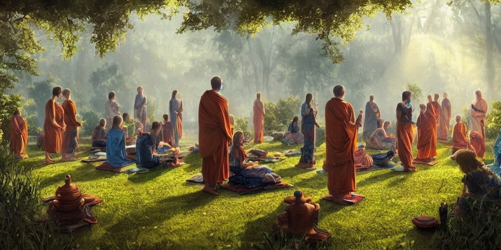 group of people standing and sitting in meditation retreat