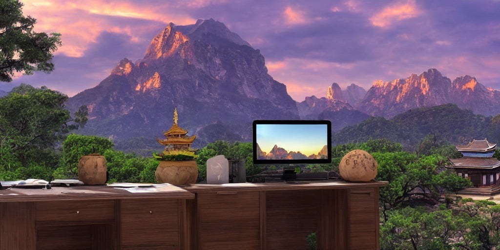 A desk with beautiful mountains in the background | Dharma websites by Mindful Design