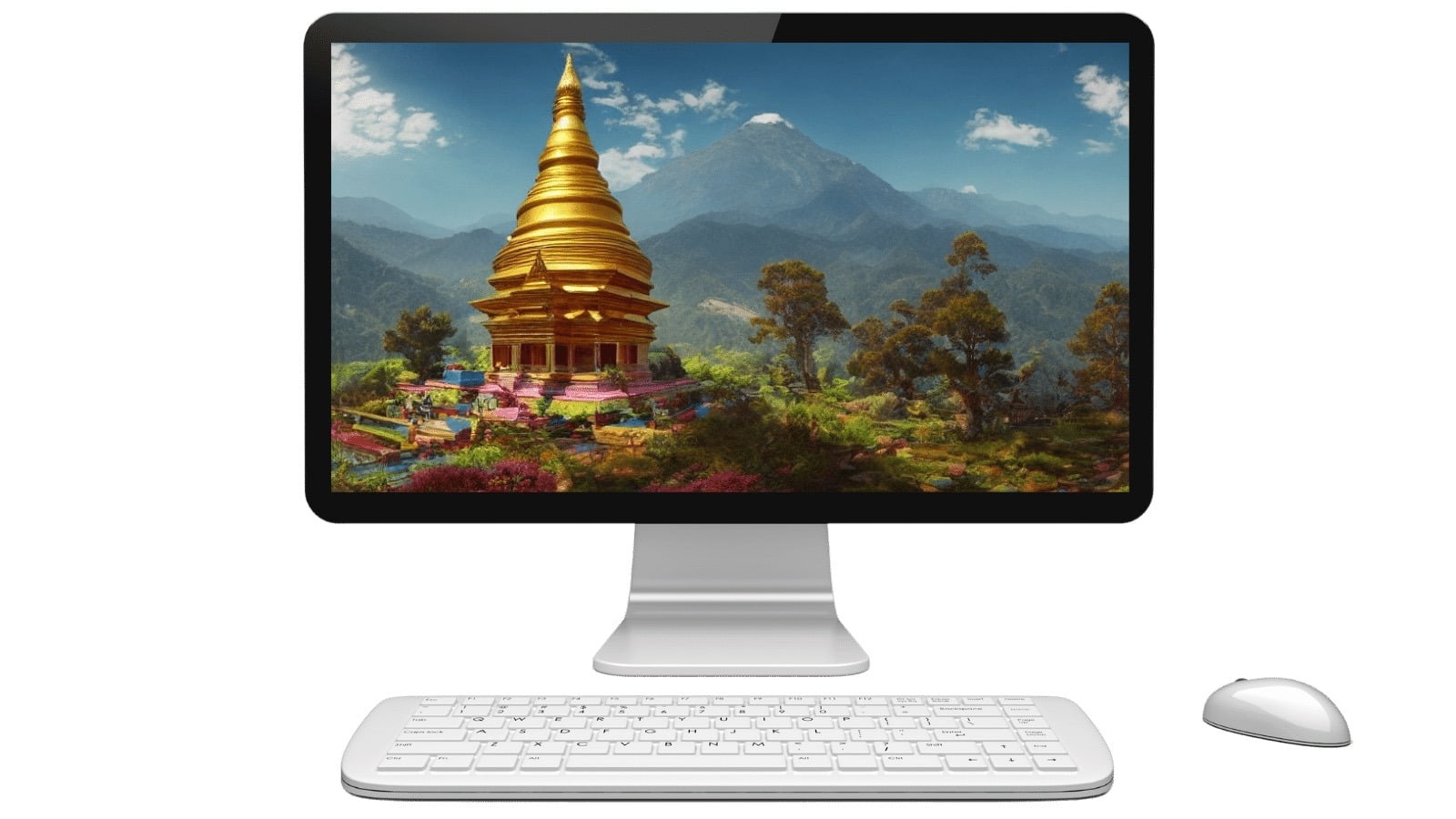 Desktop PC with background of a golden temple | Social media management