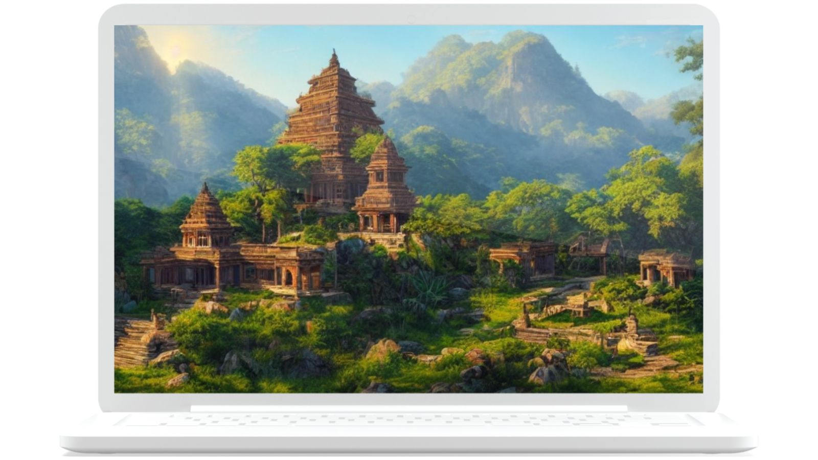 Laptop with desktop image of temples in the mountains | SEO & analytics