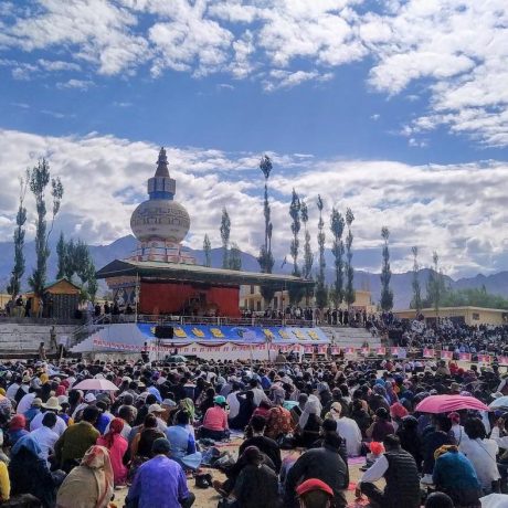 View of the main stage and stupa at the TCV in Ladakh