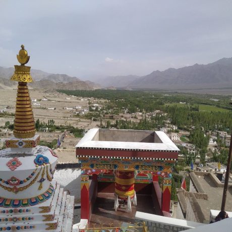 View from Thiksey monastery with stupa and prayer wheel in Ladakh